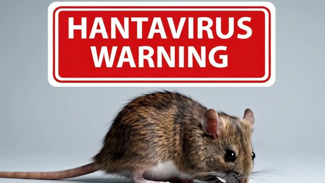 Hantavirus Warning Sign and Rat on Gray Background, Rodent-Borne Disease Risk, Public Health Alert, Pest Control and Infection Prevention Concept