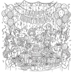 Obraz premium Detailed Birthday Party Celebration Coloring Book Illustration.