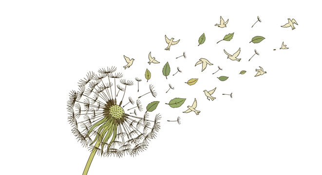 Whimsical transformation of dandelion fluff into birds and leaves