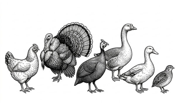 Vintage Engraved Farm Birds Vector Set with Chicken Turkey Duck Goose Quail and Guinea Fowl Sketch Illustration
