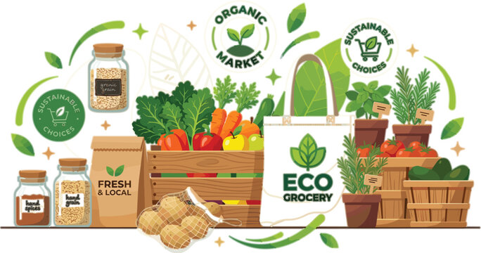 Eco Grocery Market Collection with Organic Fresh Produce, Sustainable Shopping Bag, Local Farm Products, and Healthy Food Illustration