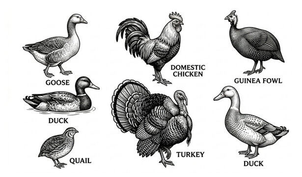 Antique Farm Bird Engraved Vector Collection in Hand Drawn Monochrome Sketch Style