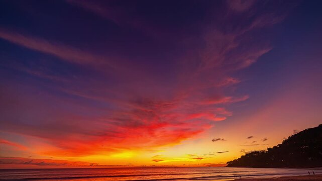 
This tropical beach scene showcases a breathtaking sunset sky gradient above coconut trees, where changing light and drifting clouds create a mesmerizing time-lapse display.