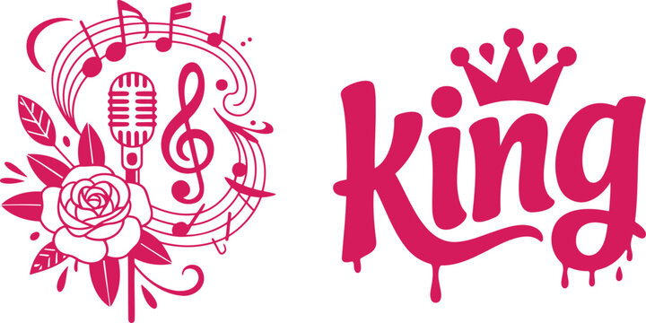 Vibrant pink graphic designs featuring a musical composition with microphone and a dripping King word art