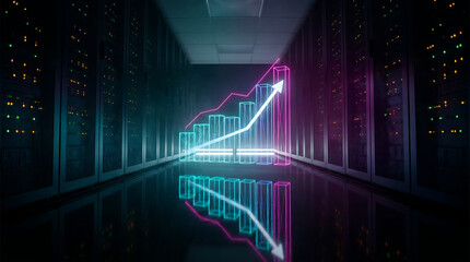 Naklejka premium Holographic Growth Chart Rising Inside Dark Data Center Server Room Representing AI Driven Business Analytics and Digital Finance