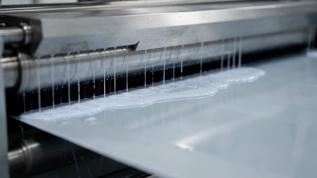 Medium shot of a singlesided aqueous coating head smoothly applying a uniform wet layer onto a flat substrate in a controlled industrial setting