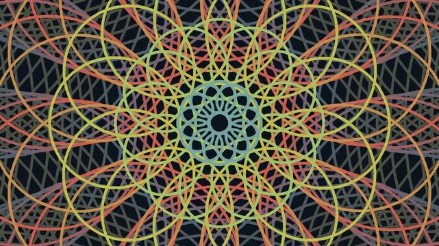 Rotating colorful geometric spirograph pattern on dark background