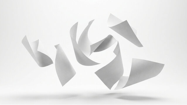 Conceptual white paper sheets floating in an empty, bright studio environment with subtle shadows, evoking a sense of movement and lightness