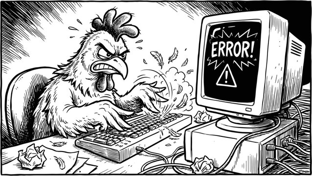 An intensely aggravated chicken grapples with a catastrophic computer error, unleashing a torrent of digital frustration and feathery fury in a monochrome workspace