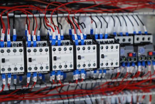 Electrical contactors and wiring inside industrial control panel