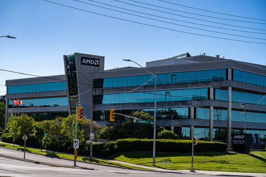 View of AMD logo on modern office building. Markham, Canada - May 30, 2026.