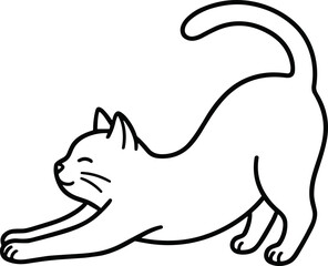 Cute cartoon cat stretching, simple line art illustration, playful and happy pet. © kumara