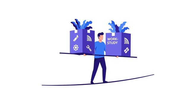 Work-Study Balance Concept Illustration: Man Balancing Career and Education on a Tightrope