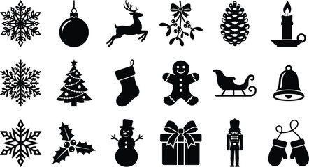 Christmas icon set with black silhouettes of holiday symbols including snowflakes reindeer snowman gingerbread man and gift box on white background © Shaharia Shaharia