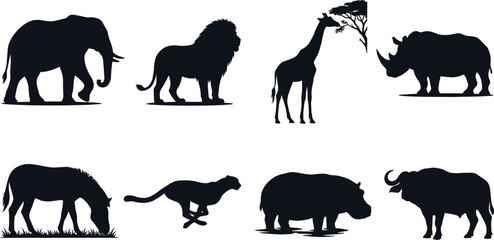 African safari wild animals black silhouette collection set including elephant lion giraffe rhino zebra cheetah hippo and buffalo vector icons on white background © Shaharia Shaharia