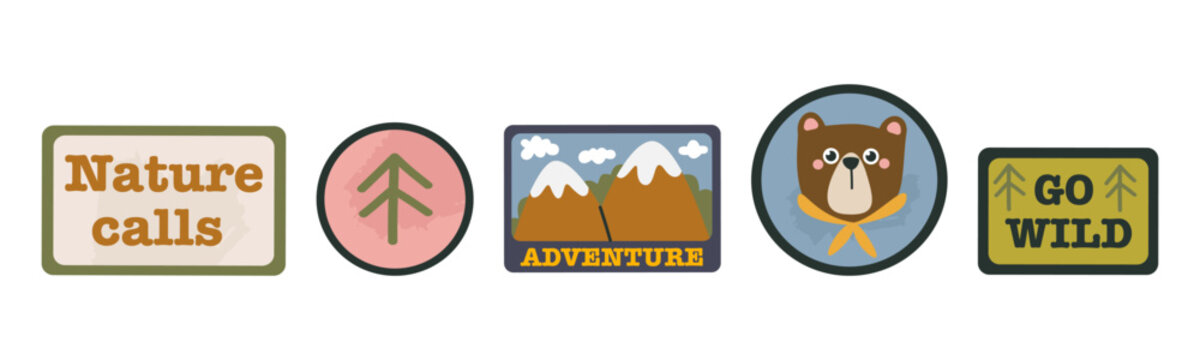 Camping patch collection with mountains, pine trees and motivational quotes. Outdoor adventure badge set isolated on white. Ideal for hiking, travel, stickers designs. Flat vector illustration.