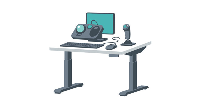 Modern Ergonomic Standing Desk Workstation with Flight Simulator Joystick and Video Editing Console Illustration
