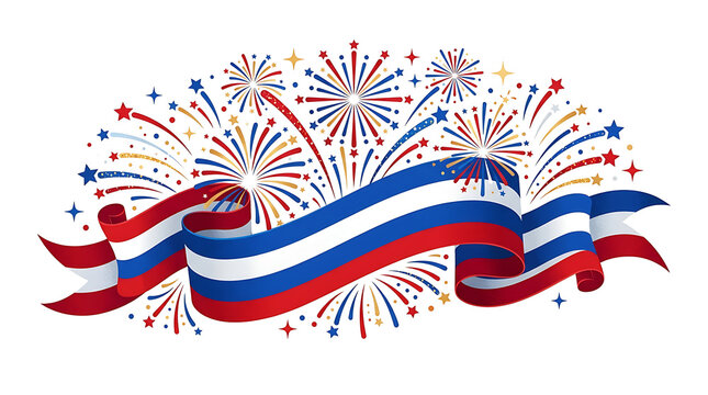 Patriotic tricolor ribbon banner with exploding colorful fireworks display