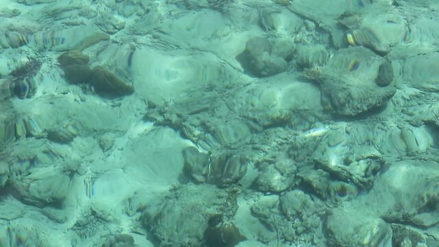 crystal-clear, transparent turquoise tropical sea water. The footage shows natural light caressing the ripples on the surface