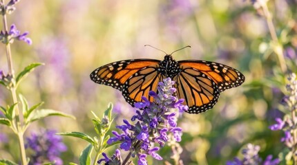 Obraz premium A vibrant monarch butterfly rests delicately on a purple salvia plant, surrounded by a blurred background of other purple flowers.
