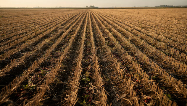 Stubble field after harvest at sunset with long furrows in autumn