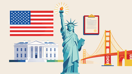 Naklejka premium Illustrative depiction of iconic American symbols including the US flag, Statue of Liberty, White House, Golden Gate Bridge, and a legal document.
