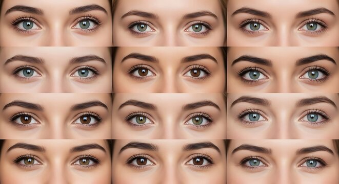 Twelve diverse pairs of eyes, showcasing various eye colors and brow shapes