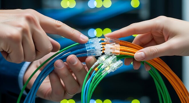 Two pairs of hands carefully connect colored network cables in a server room
