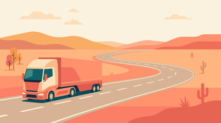 Obraz premium Flat Design Vector Illustration of a Cargo Truck Driving on a Winding Desert Highway for Logistics and Delivery Services