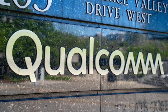 Close up of Qualcomm logo on office building sign. Markham, Canada - May 30, 2026.