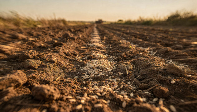 Wheat seeds planted in furrows on a cultivated farm field at sunset