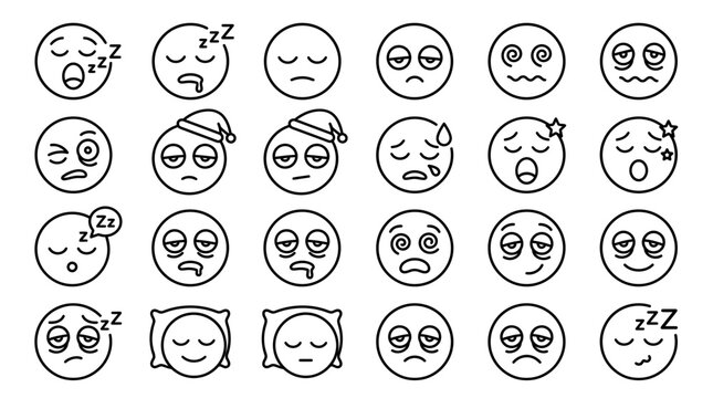 Collection of Sleepy and Tired Emoji Faces - Line Art