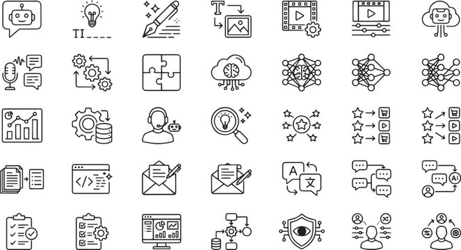 Artificial intelligence and machine learning line icons set, vector AI neural network automation design elements