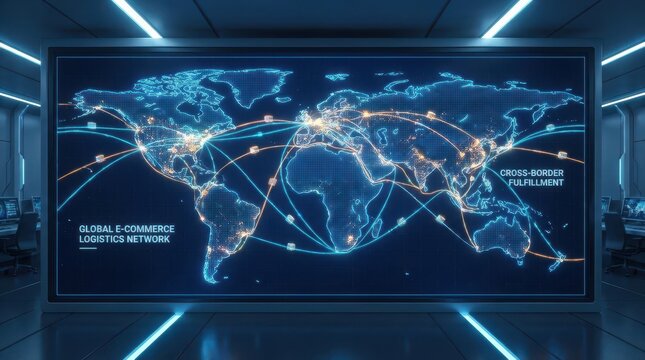 A futuristic digital world map displaying global e-commerce logistics and cross-border fulfillment routes with glowing connection lines across continents.