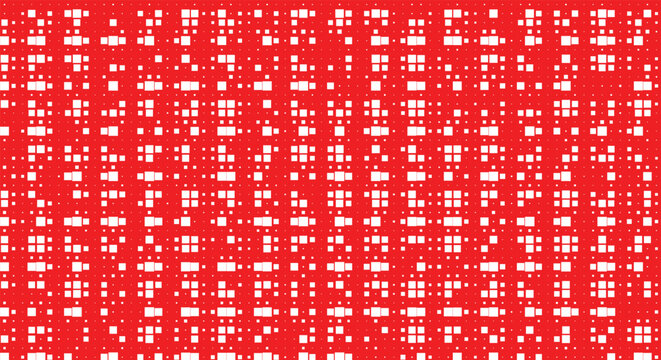 Retro 8-bit pixel art seamless pattern. bright red background, white geometric dots, vertical binary code matrix. for futuristic cyberpunk prints, game stream layouts. minimal vector graphic.