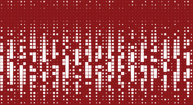 Abstract digital pixel glitch pattern. dark red background, white square blocks, vertical data rain lines. for cyber tech web banners, retro video game screens. seamless vector graphic art.
