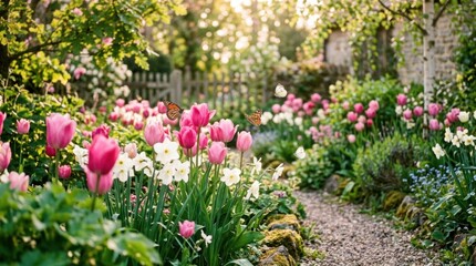 Obraz premium A vibrant garden bursts with blooming tulips and daffodils under a warm, golden sunlight.