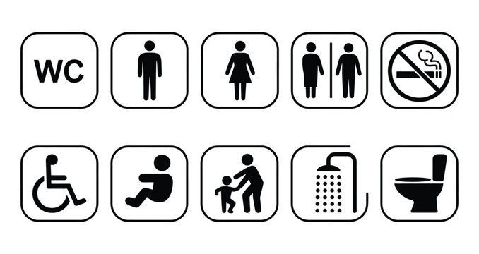 Toilet icon set featuring WC signage, public washroom symbols, male female unisex and accessible restroom icons with shower and baby changing area indicators, vector, designs