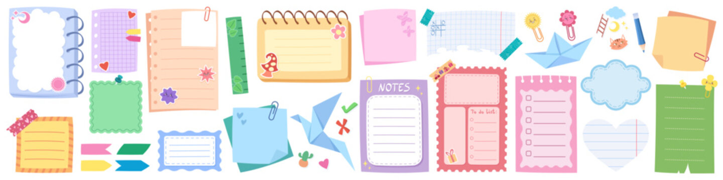Cute memo paper collection with adorable sticker frames and diary elements. Vector notebook designs with kid friendly doodle illustrations, planner pages and scrapbook tape labels for school projects