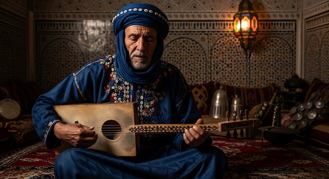 Elderly Man Playing Traditional String Instrument Indoors.