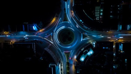 Stunning aerial drone shot looking directly down at a large illuminated roundabout at night, featuring sweeping blue and gold vehicle light trails circling in perfect geometric patterns. © olga_demina