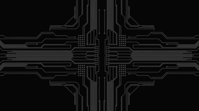 circuit board pattern on black background electronic technology wires connections grid lines symmetry geometric abstract monochrome digital hardware engineering electronics network