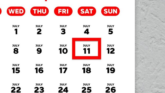 Red cursor highlighting July 11th on a 2026 wall calendar page