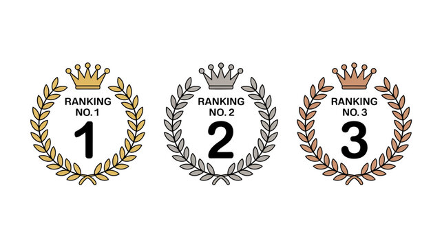 ranking badges with laurel wreaths and crowns first second third place awards vector illustration white background competition achievement recognition prize contest