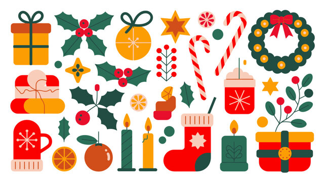 christmas icons flat illustration design holiday seasonal gift present stocking candle holly wreath candy cane ornament mistletoe star pattern background white