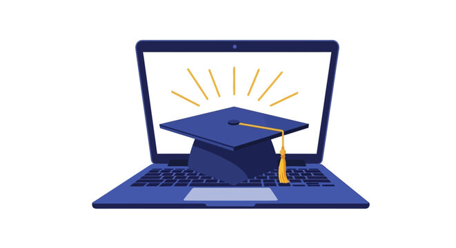 Online Education and E-learning Concept with Laptop and Graduation Cap. Digital Degree, Remote Learning, and Academic Achievement Illustration on White Background.