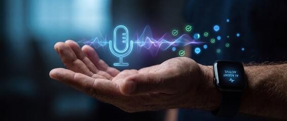 Fototapeta premium Man's hand with smartwatch displaying active agent and glowing microphone icon with sound wave