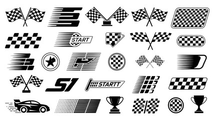racing flags and symbols vector checkered start trophy car speed line silhouette black white background graphic design motorsport competition event icon © rocky