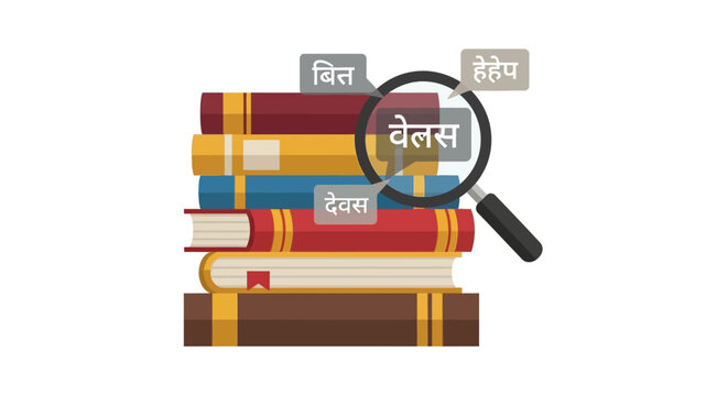 Language Learning and Translation Concept Illustration with Book Stack, Magnifying Glass, and Hindi Text Bubbles for Global Education and Linguistic Research