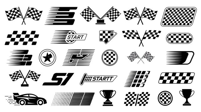 racing flags and symbols vector checkered start trophy car speed line silhouette black white background graphic design motorsport competition event icon